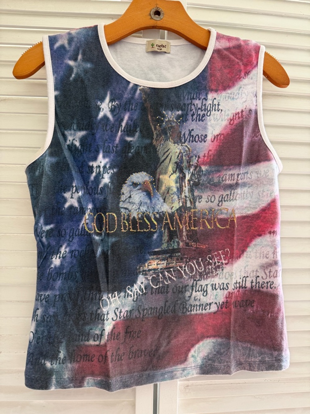 Y2K American Flag Tank Top Statue of Liberty Rhinestone God Bless America Size L